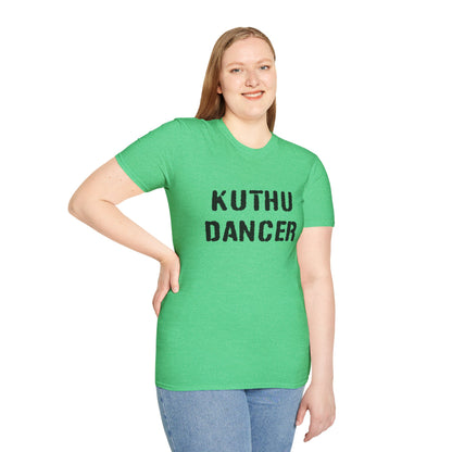 a woman wearing a heather irish green shirt that says kuthu dancer