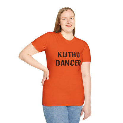 a woman wearing a orange shirt that says kuthu dancer