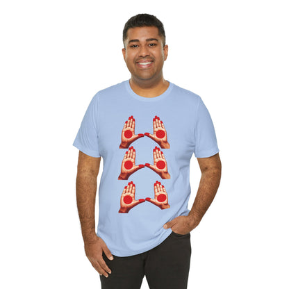 a man wearing a baby blue shirt that shows mudras