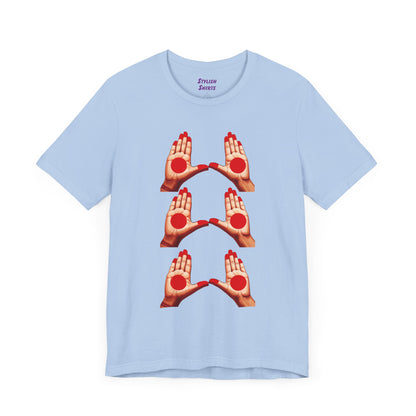 a baby blue shirt that shows mudras