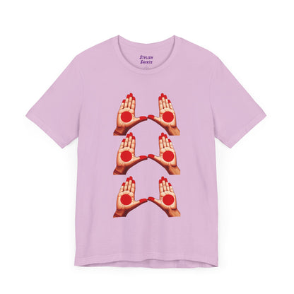 a lilac shirt that shows mudras