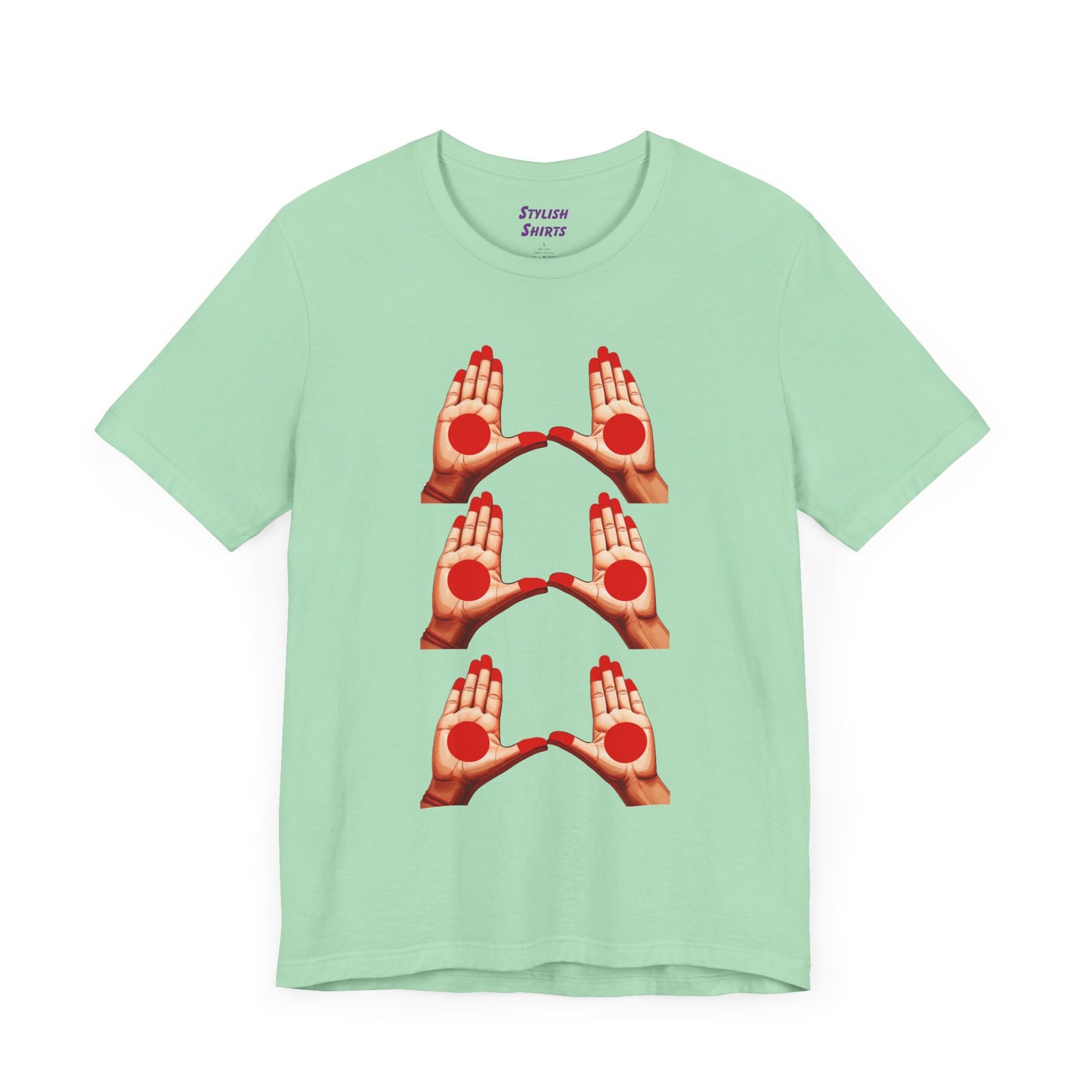 a mint shirt that shows mudras
