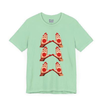 a mint shirt that shows mudras