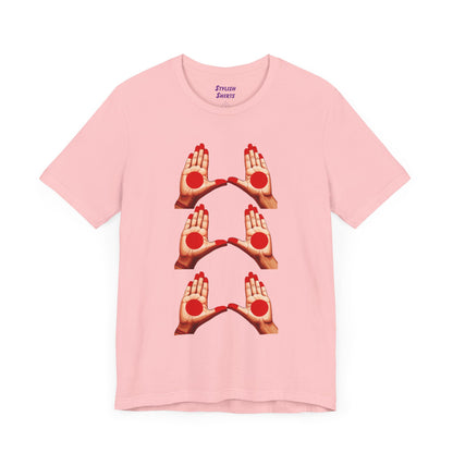 a pink shirt that shows mudras