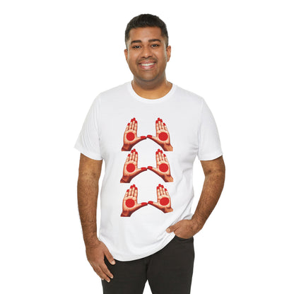a man wearing a white shirt that shows mudras