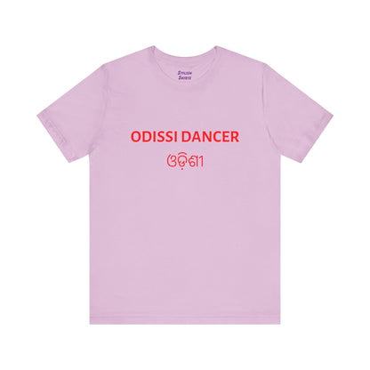 a lilac shirt that says Odissi dancer with Odissi also written in Odia