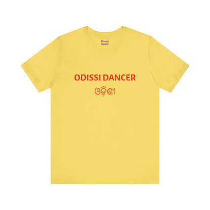 a maize yellow shirt that says Odissi dancer with Odissi also written in Odia