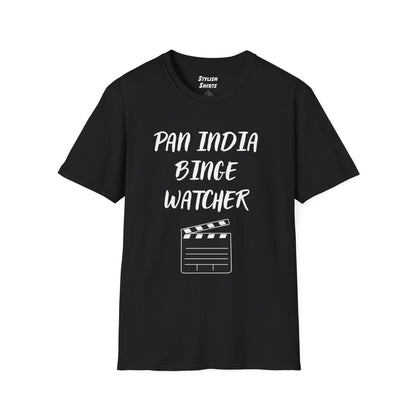 a black shirt that says Pan India Binge Watcher with a graphic of a movie clapperboard