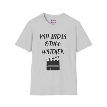 a ice grey shirt that says Pan India Binge Watcher with a graphic of a movie clapperboard