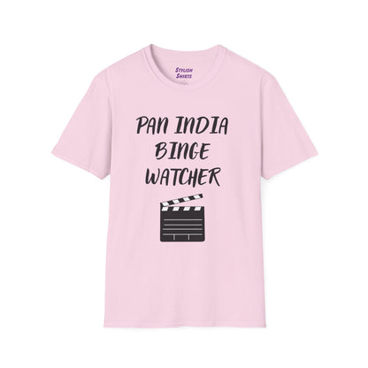 a light pink shirt that says Pan India Binge Watcher with a graphic of a movie clapperboard