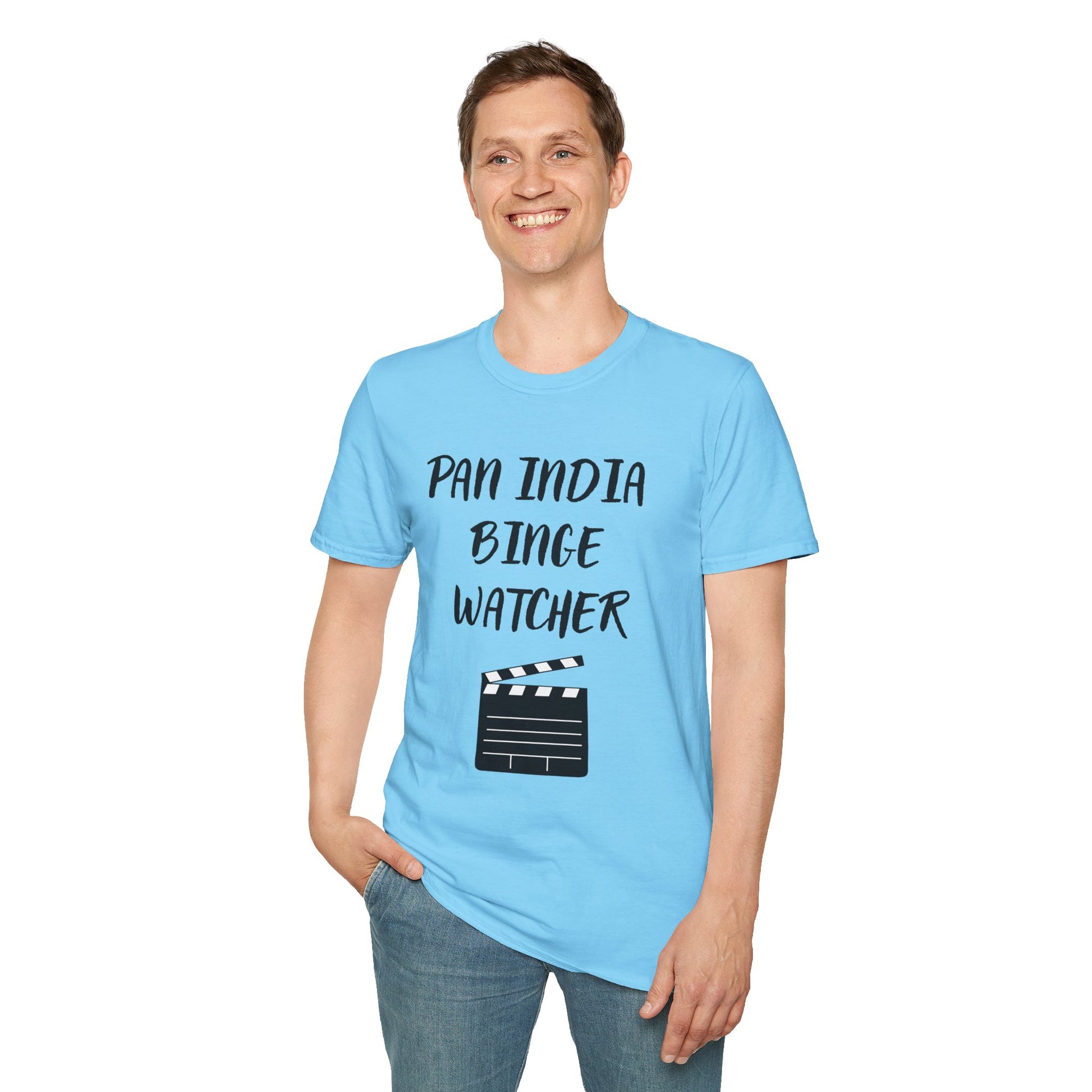 a man wearing a sky blue shirt that says Pan India Binge Watcher with a graphic of a movie clapperboard