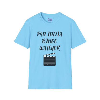 a sky blue shirt that says Pan India Binge Watcher with a graphic of a movie clapperboard