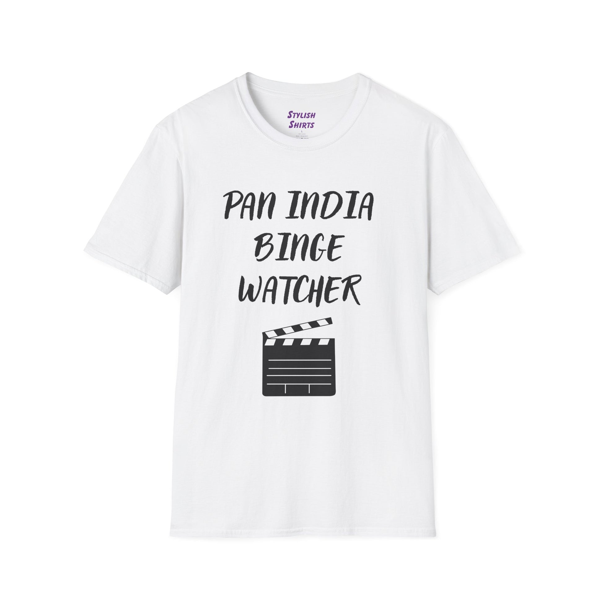 a white shirt that says Pan India Binge Watcher with a graphic of a movie clapperboard