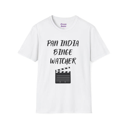 a white shirt that says Pan India Binge Watcher with a graphic of a movie clapperboard