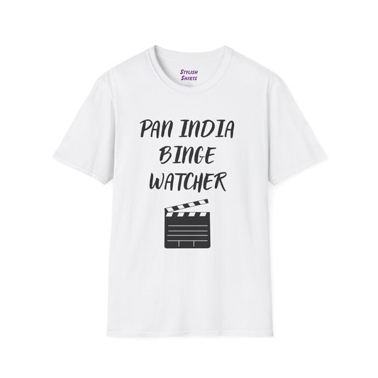 a white shirt that says Pan India Binge Watcher with a graphic of a movie clapperboard