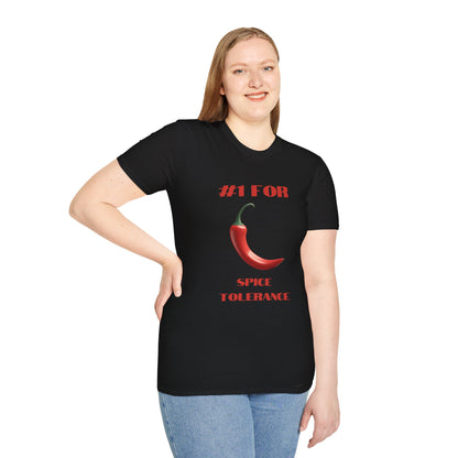 a woman wearing a black shirt that says #1 for spice tolerance with a graphic of a red chili