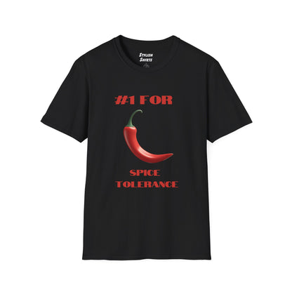a black shirt that says #1 for spice tolerance with a graphic of a red chili