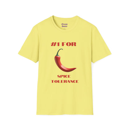 a cornsilk yellow shirt that says #1 for spice tolerance with a graphic of a red chili