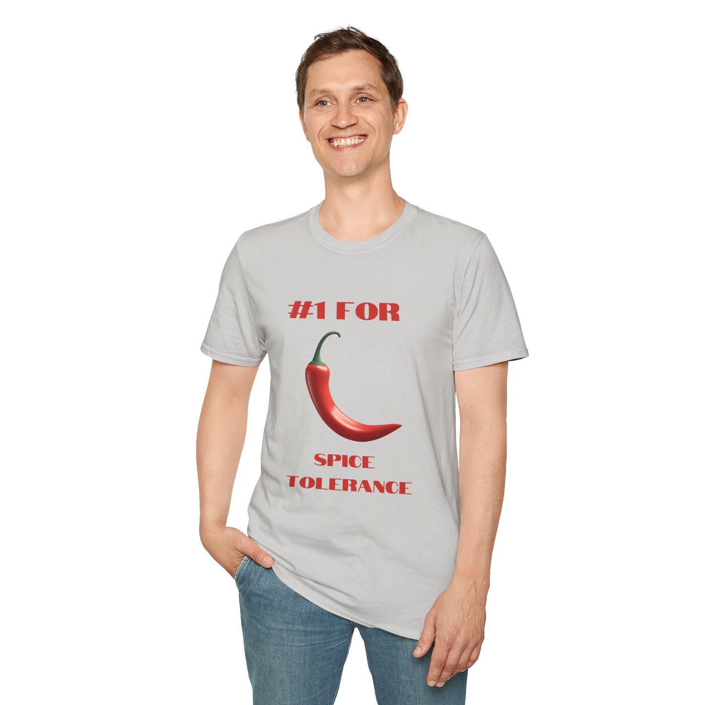 a man wearing a ice grey shirt that says #1 for spice tolerance with a graphic of a red chili
