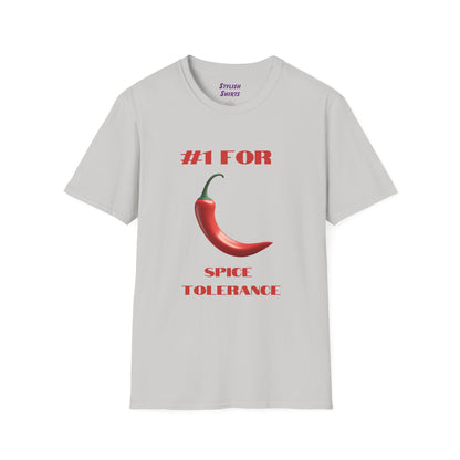 a ice grey shirt that says #1 for spice tolerance with a graphic of a red chili