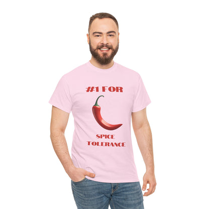 a man wearing a light pink shirt that says #1 for spice tolerance with a graphic of a red chili