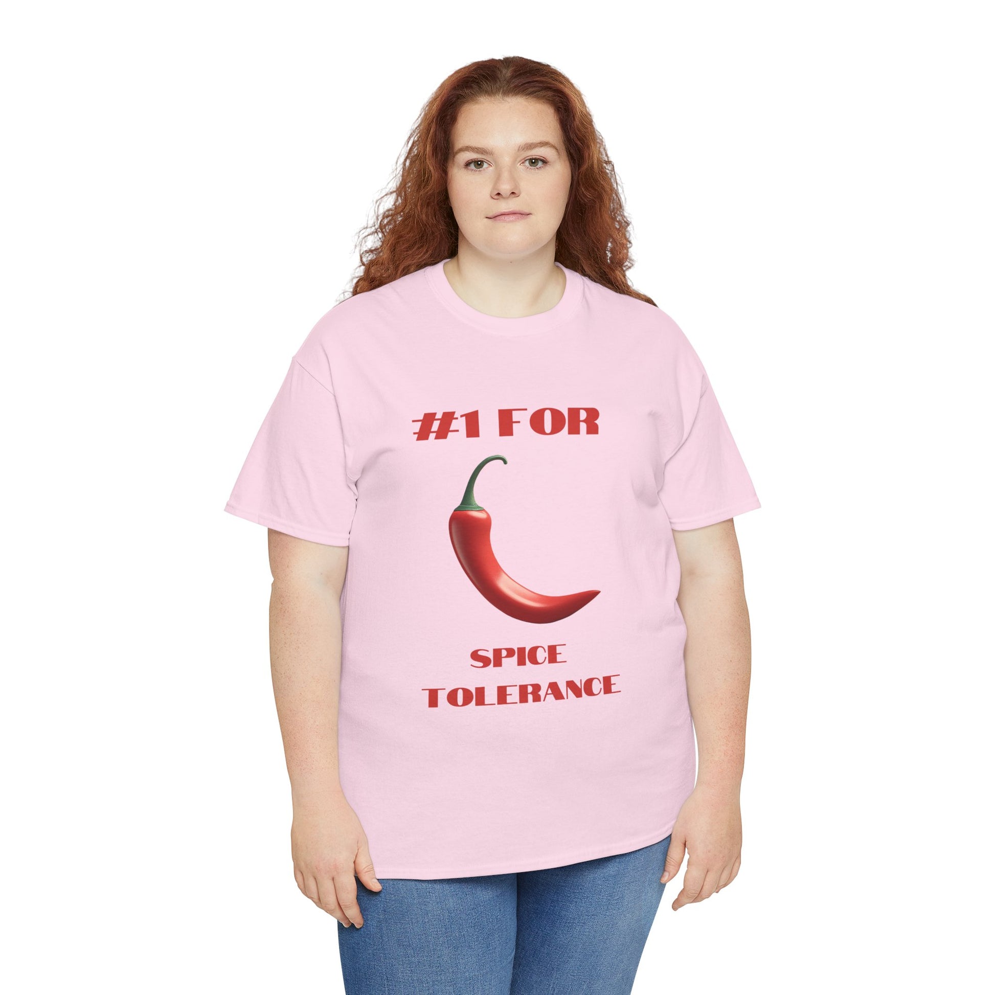 a woman wearing a light pink shirt that says #1 for spice tolerance with a graphic of a red chili