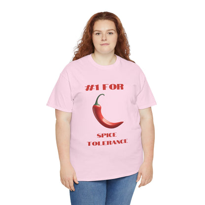 a woman wearing a light pink shirt that says #1 for spice tolerance with a graphic of a red chili