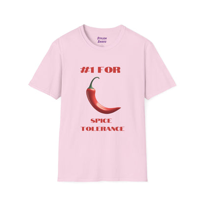a light pink shirt that says #1 for spice tolerance with a graphic of a red chili