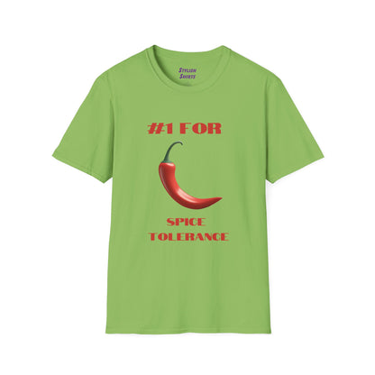 a lime green shirt that says #1 for spice tolerance with a graphic of a red chili