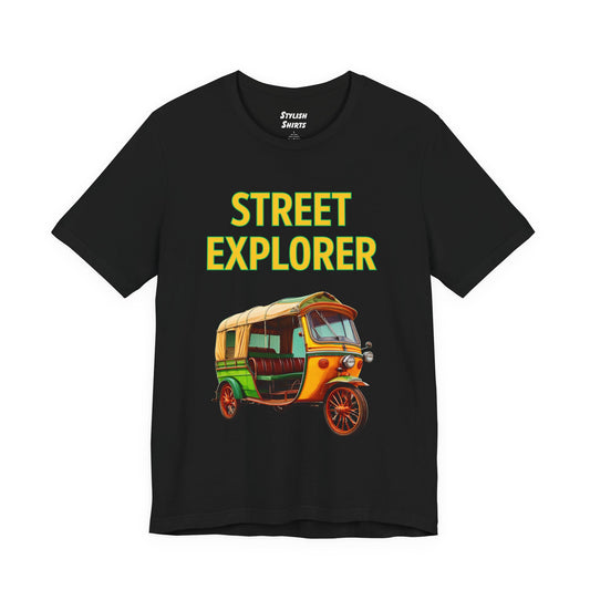a black shirt that says street explorer with a graphic of an auto rickshaw