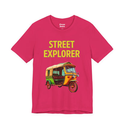 a fuchsia pink shirt that says street explorer with a graphic of an auto rickshaw