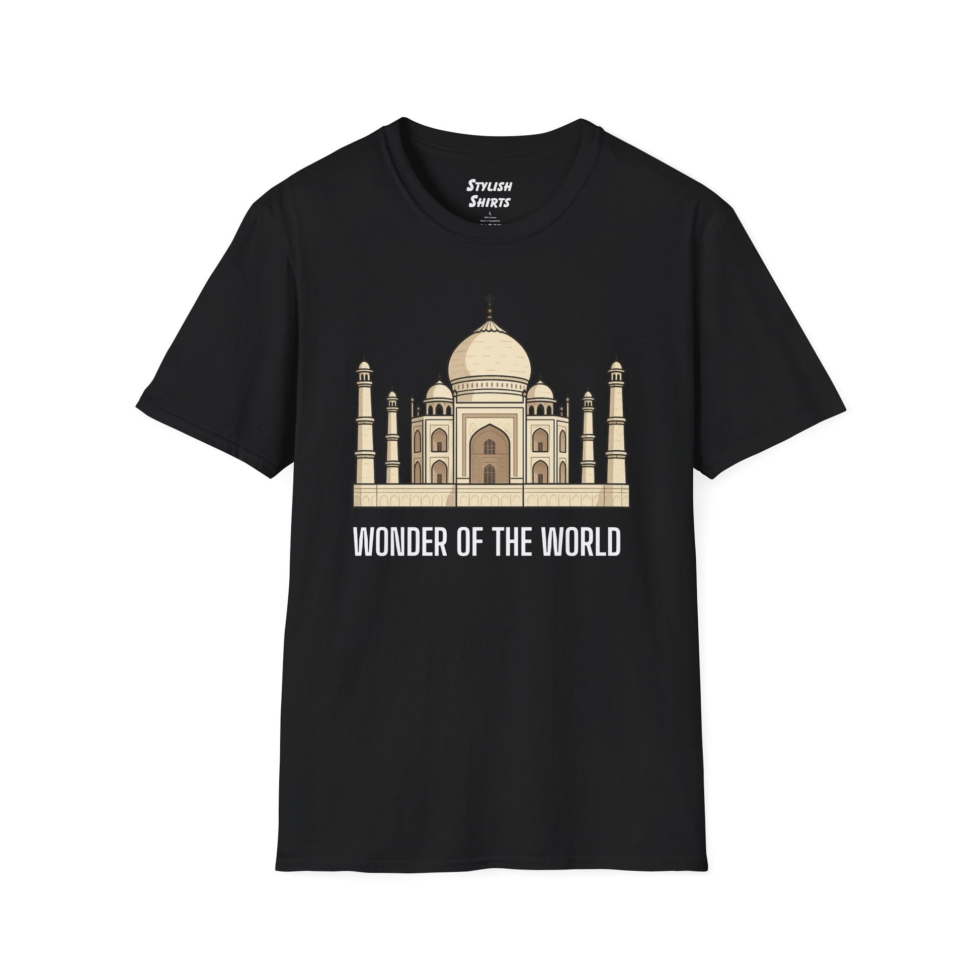 a black shirt that says wonder of the world with a graphic of the taj mahal