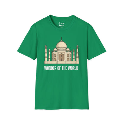 a kelly green shirt that says wonder of the world with a graphic of the taj mahal