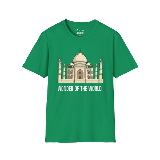 a kelly green shirt that says wonder of the world with a graphic of the taj mahal