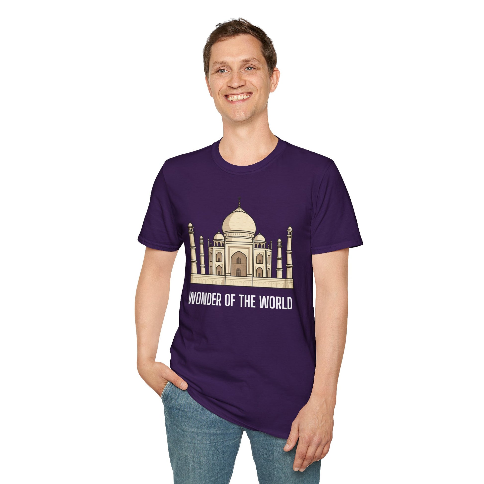 a man wearing a purple shirt that says wonder of the world with a graphic of the taj mahal