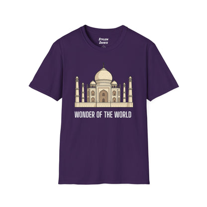 a purple shirt that says wonder of the world with a graphic of the taj mahal