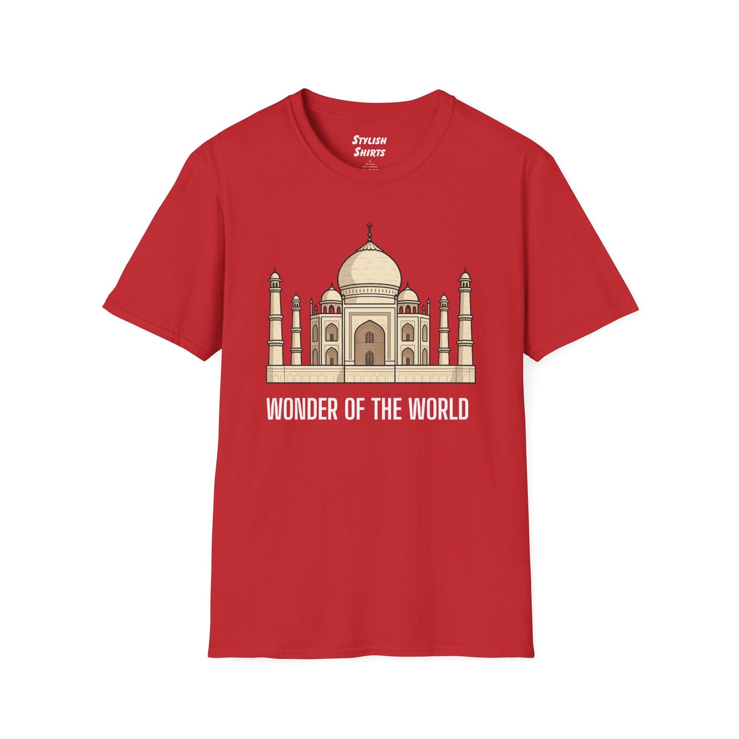 a red shirt that says wonder of the world with a graphic of the taj mahal