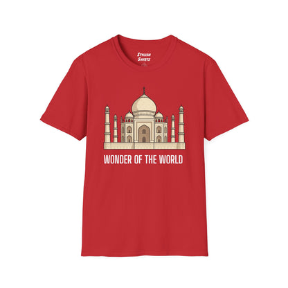 a red shirt that says wonder of the world with a graphic of the taj mahal