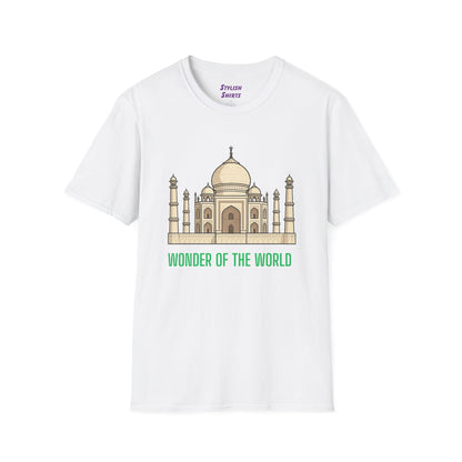 a white shirt that says wonder of the world with a graphic of the taj mahal