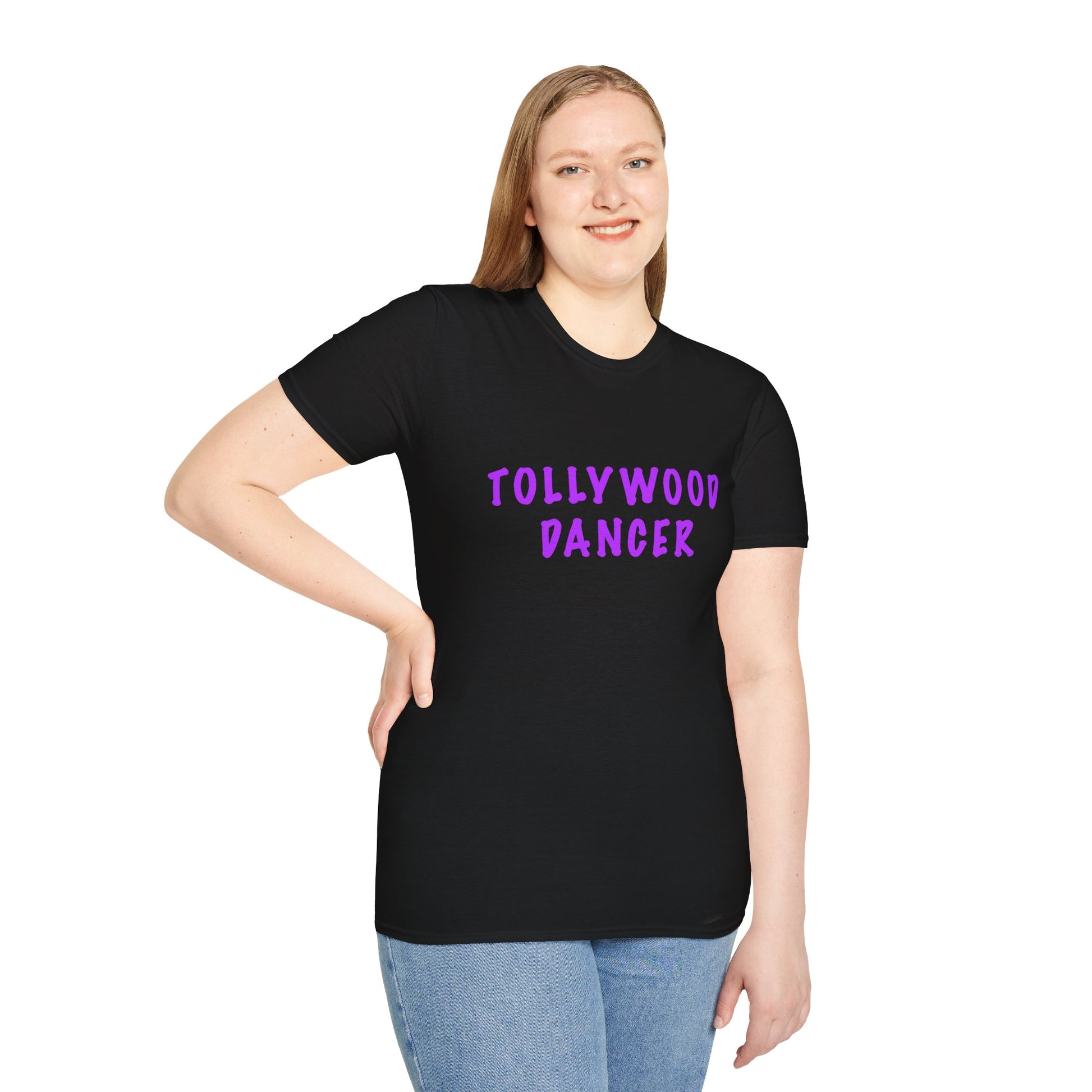 a woman wearing a black shirt that says Tollywood dancer