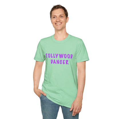 a man wearing a mint green shirt that says Tollywood dancer